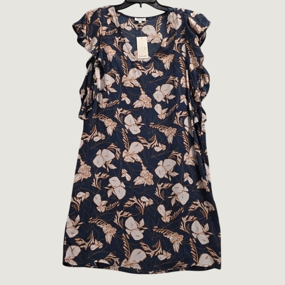 Splendid Rano Floral Dress Navy Blue Ruffle Sleeve V-Neck Shift Medium NEW $158
